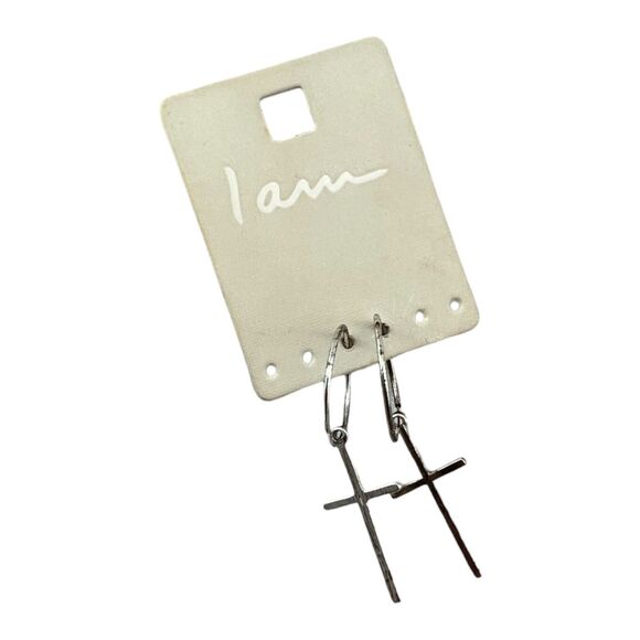 I am PAIR of Dangly Tibetan Silver Cross COSTUME Goth Madonna 80s KPop EARRINGS - Picture 2 of 3